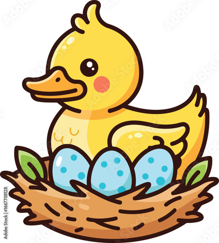 Yellow duckling sitting in a nest with blue eggs vector