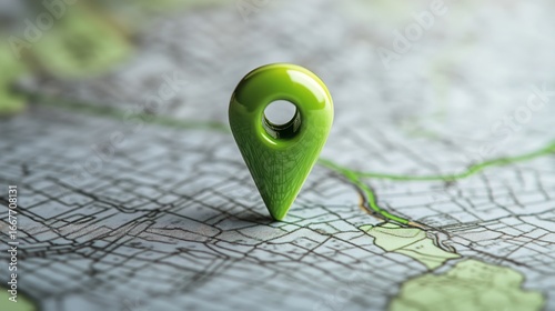 Green location pin marking destination on detailed map ideal for travel planning navigation or business strategy and indicating place direction, Generative AI.