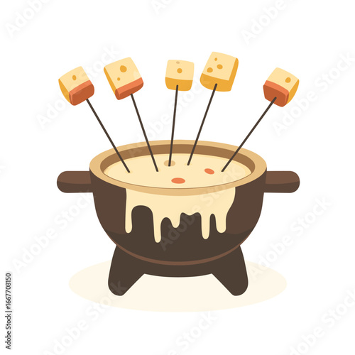 flat vector of fondue pot with melted cheese and skewers, alpine food