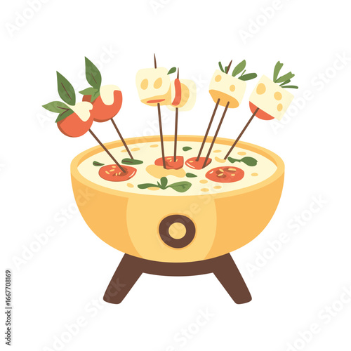 flat vector of fondue pot with melted cheese and skewers, alpine food