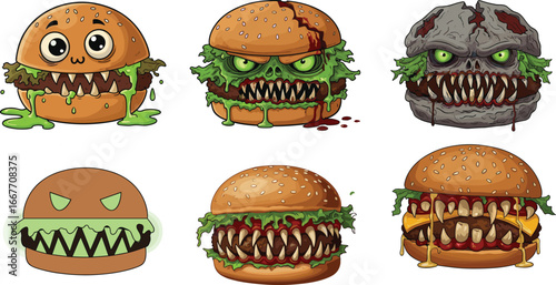 Scary monster burger cartoon illustration with creepy faces, horror fast food characters, funny evil hamburger vector design for Halloween themed artwork