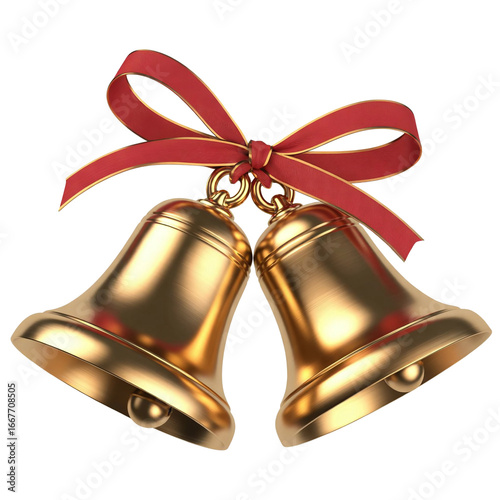 Golden Jingle Bells with Red Ribbon Bow, Isolated on Transparent Background