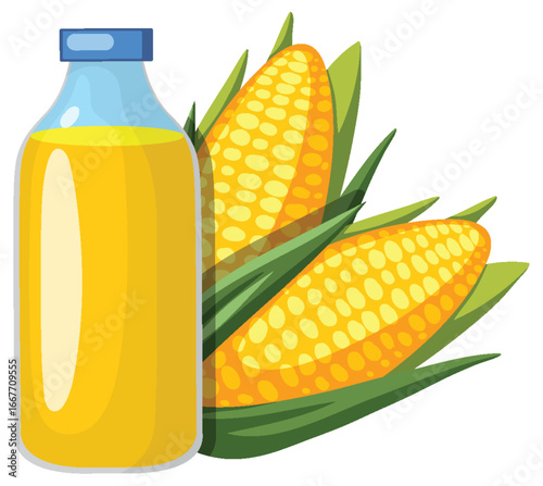 Bottle of Corn Oil with Fresh Corn Cobs