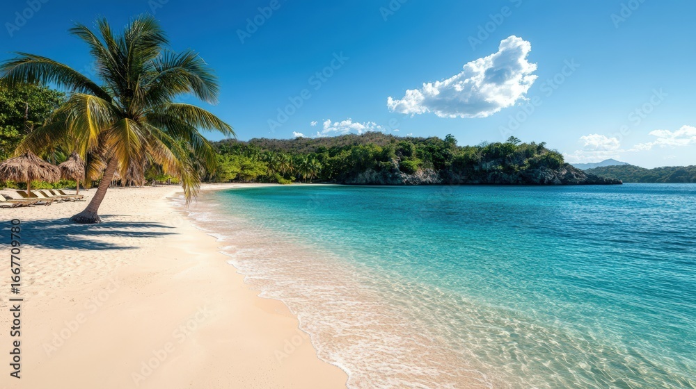 Beautiful tropical beach with clear turquoise water and swaying palm trees under sunny blue sky Beautiful tropical beach with clear turquoise water and swaying palm trees under sunny blue sky