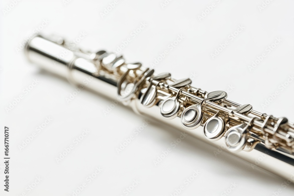 Fototapeta premium A close-up of a silver flute showcasing its intricate keys and polished surface, highlighting the artistry and craftsmanship of musical instruments.