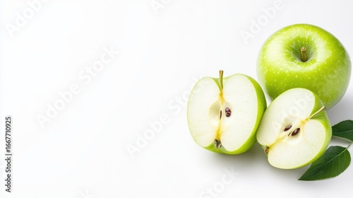 Fresh green apples on a white background, showcasing their crisp texture and vibrant color. Perfect for healthy eating, nutrition articles, or fruit-themed designs.