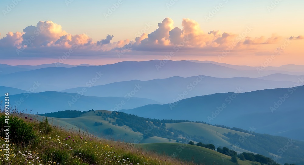 Naklejka premium Misty Mountain Sunrise Landscape.