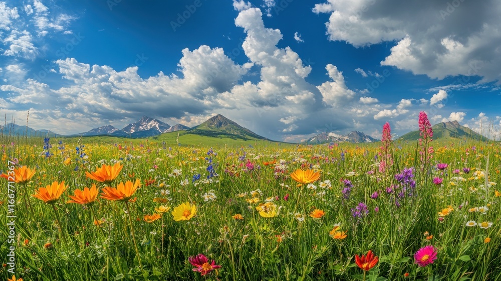 Obraz premium Vibrant Wildflower Meadow Against Mountain Range and Blue Sky