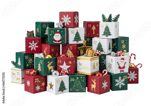 Pile of christmas advent calendar gift boxes isolated on transparent background
