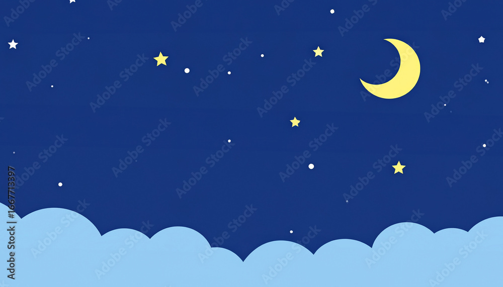 Fototapeta premium Dreamy Night Sky Moon, Stars, and Clouds in a Peaceful Blue Cartoonscape