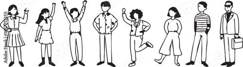 Vector illustration: diverse group of people line art, cartoon style eps silhouette