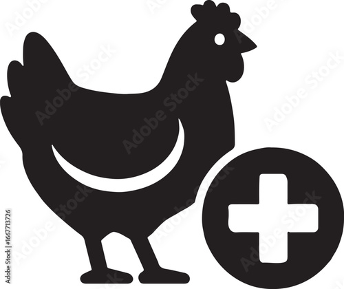 Veterinary care silhouette icon with chicken, symbolizing animal health, farm care, poultry treatment, and medicine.
