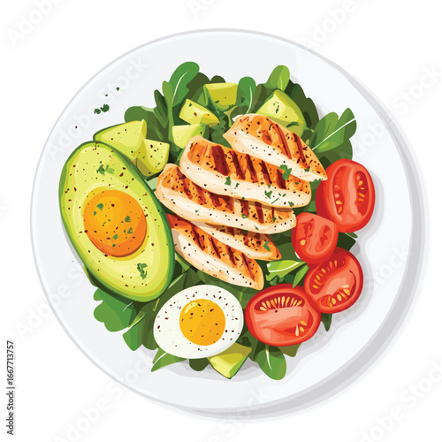 flat vector of grilled chicken salad with avocado and boiled egg, fitness meal
