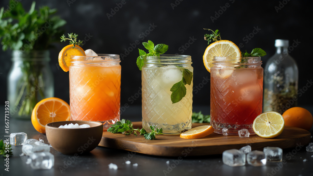 Fototapeta premium Colorful elegant cocktail glasses with assorted ingredients, fresh herbs, citrus slices, and ice cubes. Vibrant, refreshing drinks with atmospheric lighting and high-contrast, cinematic style.
