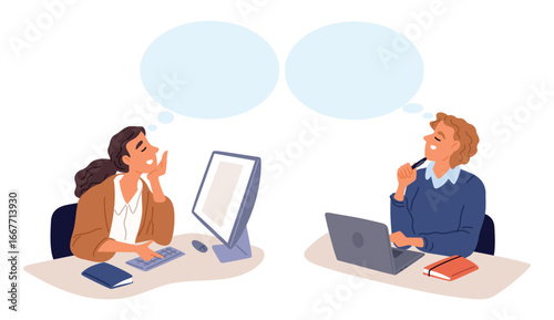 Young guy and girl dreaming in office. Business workers sitting at desks. People imagination. Dreamlike fantasy. Employees at workplace computer. Dreamers relaxation. Vector concept