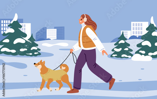 Young girl in winter clothes walking with dog in snowy city park. Urban streets stroll. Domestics doggy animal at leash. Pet owner. Young woman together with puppy outdoor. Vector concept
