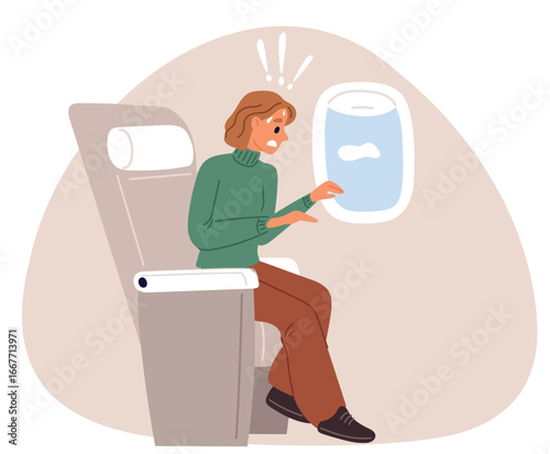 Young girl frightened by airplane ride. Woman suffers from aerophobia. Scared person afraid of plane air travel. Panicked passenger sitting om armchair. Airline trip. Vector concept