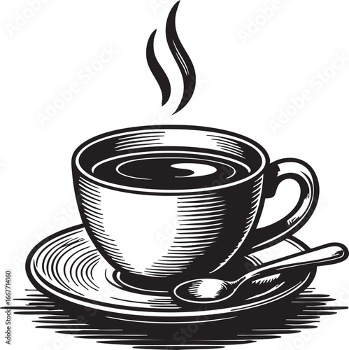 Black and white coffee cup vector illustration: hot coffee, spoon, and saucer graphic eps silhouette