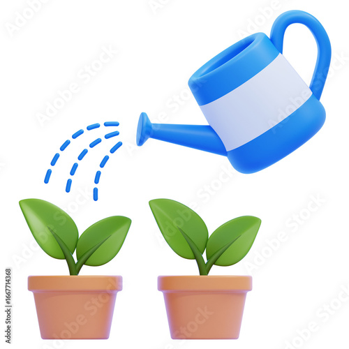 PNG 3D Watering Plants with Watering Can Icon Isolated on a White Background