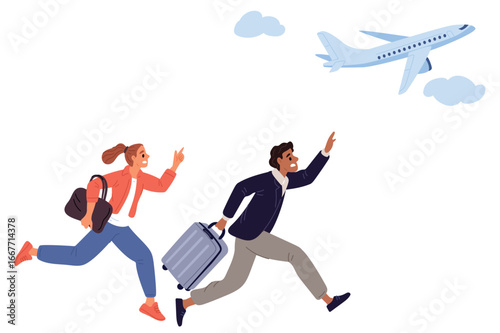 Man with suitcase and woman with bag run for plane. People missed flight. Passengers hurry to airport terminal. Late for airplane boarding. Running of travelers couple. Vector concept