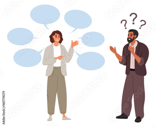 Man doesnt understand what woman is talking about. Verbal communication problem. Lack of understanding. Translation failure. Foreign language. People misunderstanding. Vector concept