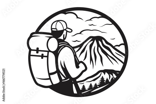 Hiker Backpack Mountain Art with Pine Trees and Clouds