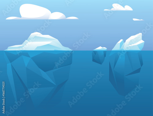 Large and small icebergs with big underwater portions floating in cold ocean waters. Arctic ice rocks. Drifting polar bergs. Frozen glaciers in aqua. Vector Antarctic seascape background