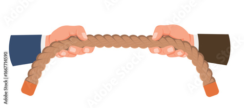 Hands of businessmen are engaged in tug of war. Arms pull rope with effort. People rivalry. Career challenge. Fight for leadership or success. Vector concept of business competition