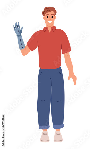 Disabled man with prosthetic bionic arm. Male recovery. Prosthetic artificial hand. Health care and medicine. Handicapped patient. Vector concept of rehabilitation after loss of limb