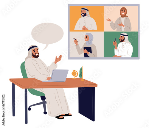 Arab man in Muslim dress leads online conference with colleagues. Video communication. Business negotiation. Businessman talking with partners. Corporate telecommunication. Vector concept