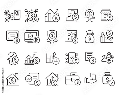 Set of outline icons related to investment. Linear icon collection