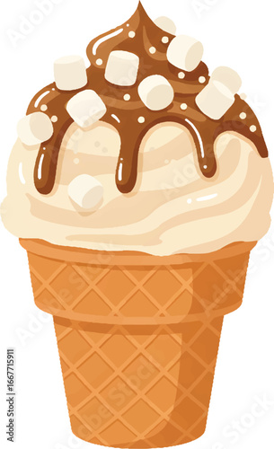 Vector Illustration Marshmallow Sundae Ice Cream Cone with Chocolate Drizzle