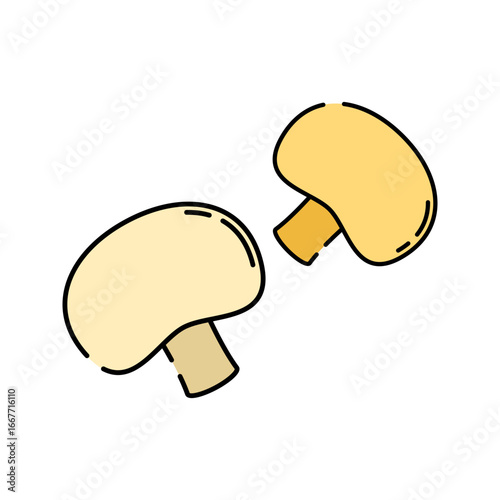 Mushroom Flat design style, fresh sliced mushrooms as BBQ ingredient, suitable for cooking icons, recipe art, and culinary projects.
