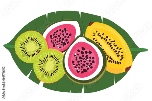 flat vector of guava, passionfruit, and kiwi laid on banana leaf