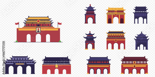 Collection of stylized Chinese gate illustrations, varying in color and detail.