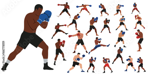 Boxing players action pose vector illustration set