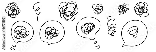 モヤモヤしている手書きアイコンセット　グルグル・モヤモヤ・悩む・考える・不安〜A set of hand-drawn icons of people feeling uneasy - feeling confused, worried, thinking, and anxious〜