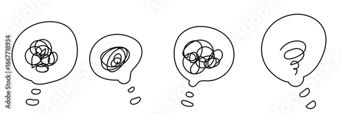 モヤモヤしているフキダシ付き手書きアイコンセット　グルグル・モヤモヤ・悩む・考える・不安〜A hand-drawn icon set with a vague speech bubble: Round and round, confused, worried, thinking, anxious...〜