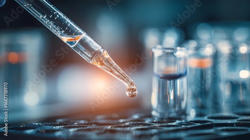 Scientist holds a laboratory vial with precision, performing detailed testing as part of ongoing medical and pharmaceutical research studies.