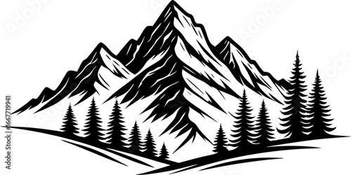 Alpine mountain landscape with pines logo illustration, monochrome adventure emblem vector for camping, hiking and travel, black slopes of the mountains with pine tree vector silhouette