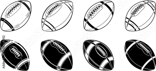 American football ball icons set, outline and solid vector clipart bundle for sports logos and designs, black vector illustration of an American football
