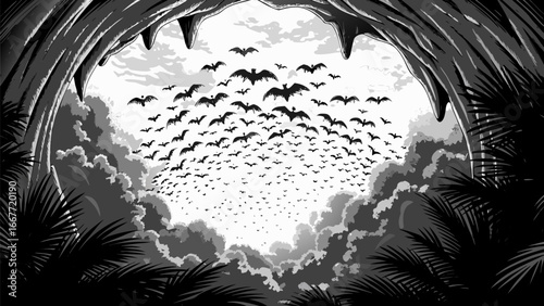 View from a cave entrance filled with bats flying out into a cloudy sky with palm trees around it silhouette