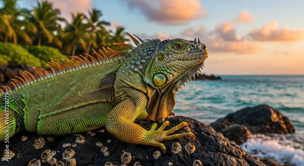 Obraz premium Green Iguana on Rocks by Ocean at Sunset
