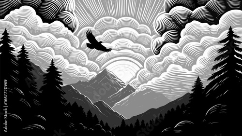 Monochromatic landscape featuring an eagle flying over mountains and trees under a cloudy sky with sun rays silhouette