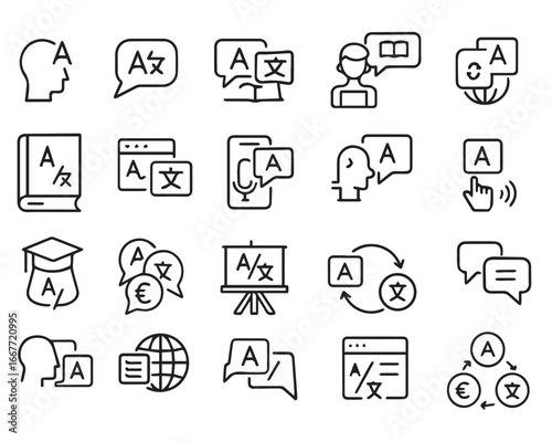 Set of outline icons related to languages. Linear icon collection