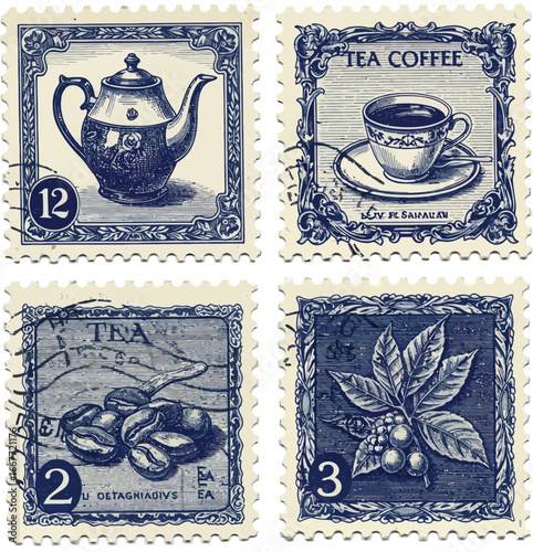 Four blue vintage postage stamps featuring a teapot a cup of tea a fish and a flower antique