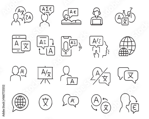 Set of outline icons related to languages. Linear icon collection