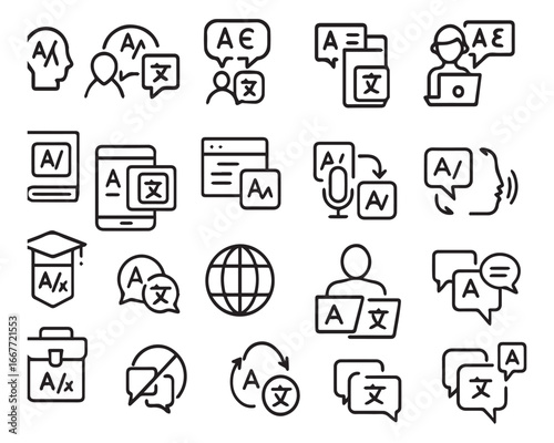 Set of outline icons related to languages. Linear icon collection