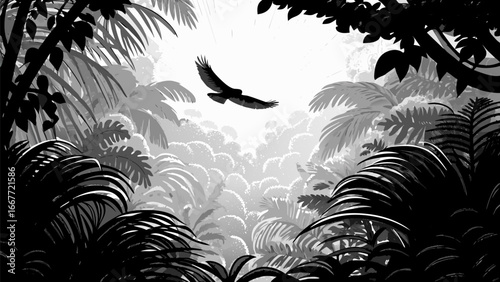 A grayscale illustration of a jungle canopy with a bird soaring above the lush vegetation and foliage silhouette