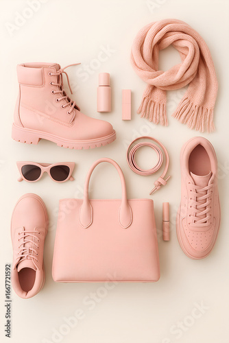 Flat Lay of Peach Colored Women's Fashion Accessories , set of female shoes, Travel set , Outing set , set of cosmetic products isolated